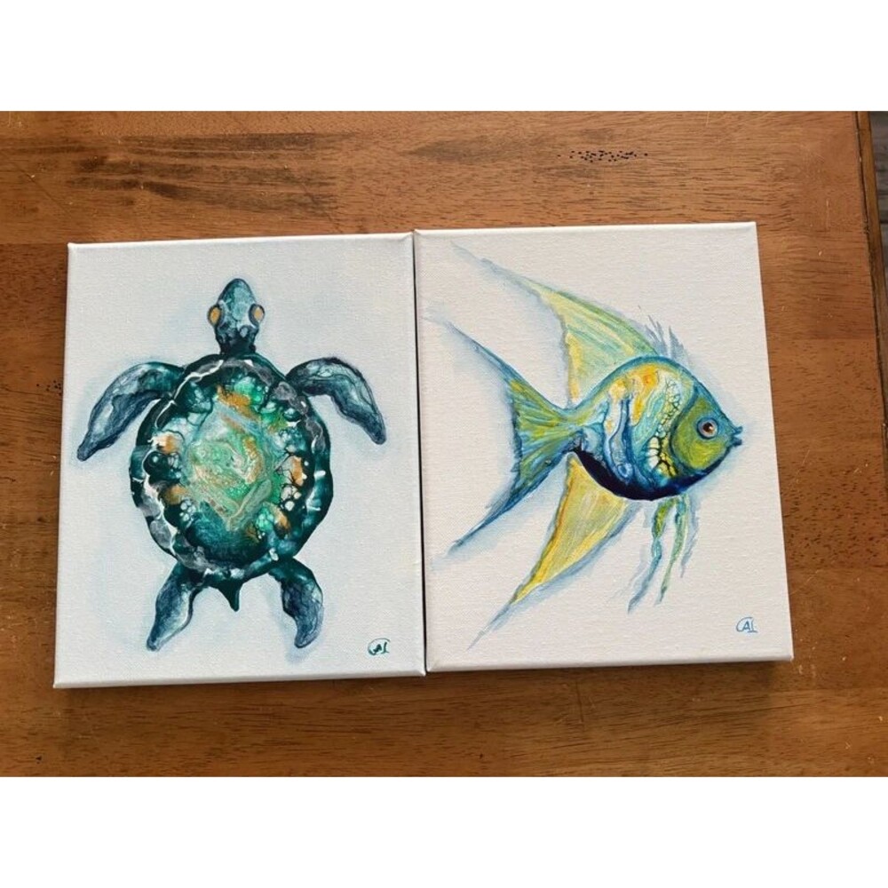 2- 8x10 canvas paintings, Angel fish & Turtle